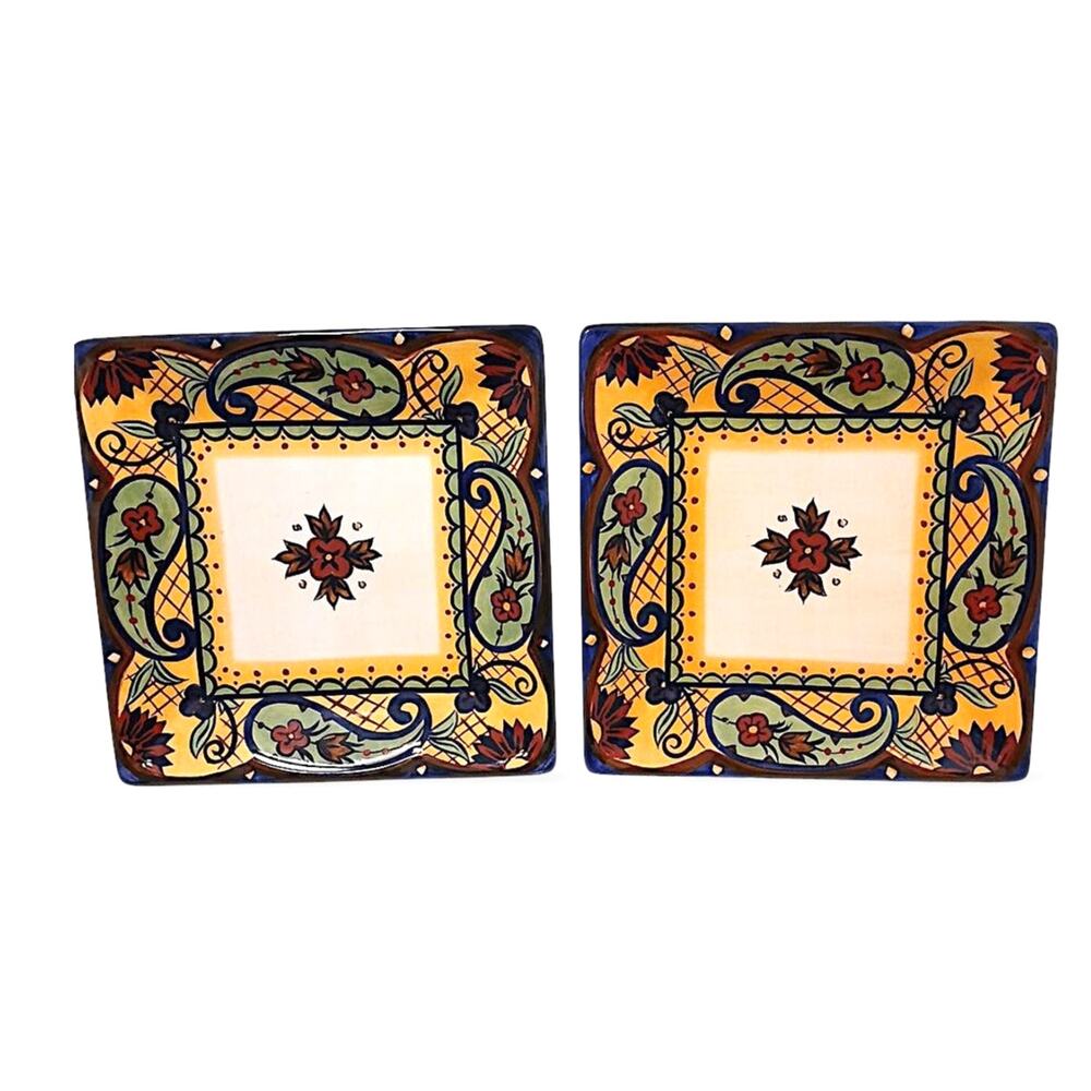 2 Pc Plates Corsica Home Gallery Crown Jewel Salad Set 8.25" Square Yellow Blue‎